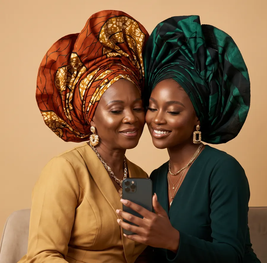 Two women smiling at a phone together.
